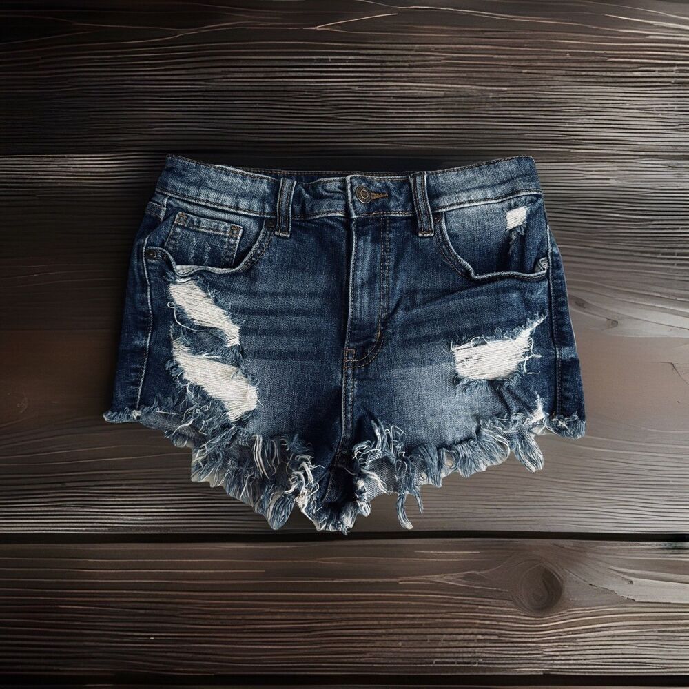 Eunina Lulu High Rise Cut Off Shortie Shorts S (W26) Blue Distressed Denim Women